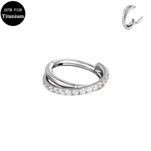 G23 titanium double-layer hinged nose ring with white zircon stones on white background