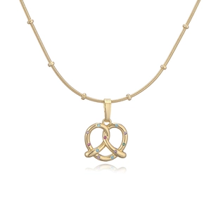 Golden pretzel heart necklace with colorful gemstones on a snake chain, central view
