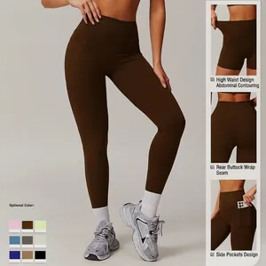 High-waisted brown yoga pants with side pockets and lifting seams in nine color options