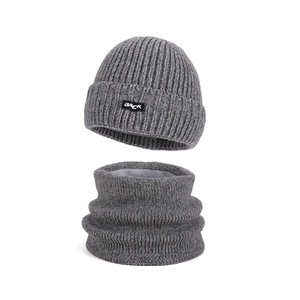 Winter thermal knit beanie and neck warmer set with soft fleece lining in dark grey