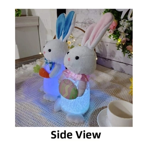 Side view of light-up Easter bunny plushies with glowing blue lights and colorful eggs