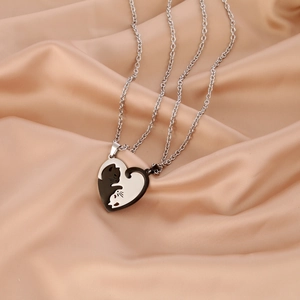 Polished stainless steel cat heart pendant necklaces set for couples on champagne silk