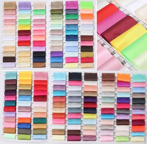 Detailed color chart showcasing 180 shades of satin silk ribbon for heatless hair curlers