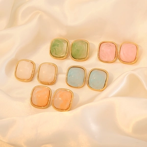 French Retro Square Stud Earrings Stainless Steel Colorful Resin Marble Texture Geometric Jewelry For Women Elegant