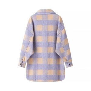 Back view of a purple and beige plaid flannel shirt jacket with button cuffs
