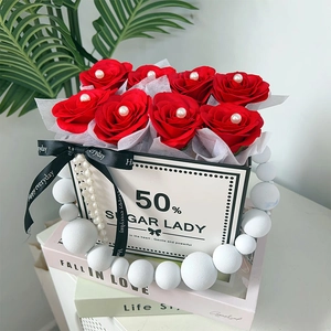Exquisite red soap rose gift box with pearl accents and elegant beaded handle for gifting