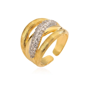 18K gold plated multi-layer crossover ring with sparkling zircon stones and adjustable band