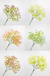Detailed grid showing artificial gypsophila bouquets in purple white orange blue pink and yellow