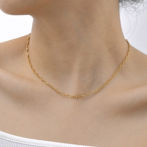 Close-up of a minimalist gold-toned anchor link chain necklace worn by a female model