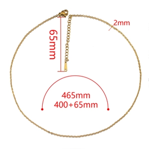 Golden stainless steel chain necklace 465mm length with 2mm width and 65mm extension chain