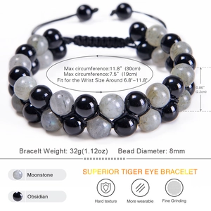 Double-layer handmade braided bracelet with 8mm natural moonstone and obsidian beads