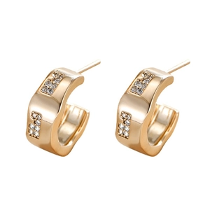 Elegant gold-plated C-shaped stud earrings with double-row zircon stones on white background