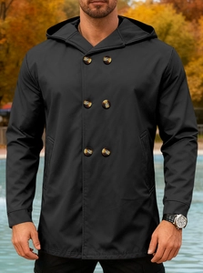 Detail of men's slim fit black trench coat with double-breasted buttons and hood