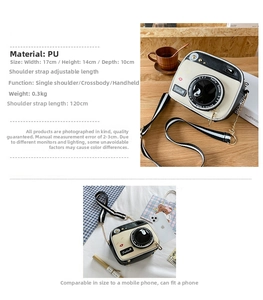Detail view of the mini camera crossbody bag showing dimensions 17x14x10cm and PU material