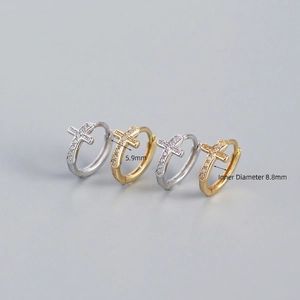 Gold and silver S925 sterling silver cross hoop earrings with 8.8mm inner diameter