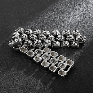 Men's vintage stainless steel chain bracelet with embossed scroll pattern round beads