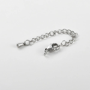Detailed view of silver stainless steel extender chain with lobster clasp and drop pendant