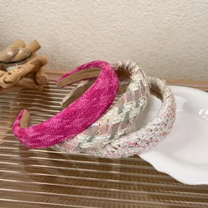 Three-piece set of stylish tweed padded headbands in rose pink and multicolored plaid