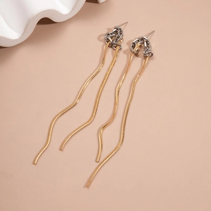 Minimalist long metal tassel earrings featuring mixed gold and silver link chain design