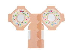 Flat lay of pink donut theme paper gift box with dual transparent window and die-cut lines