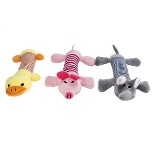 Detail of plush dog toys featuring yellow duck, pink pig, and grey elephant characters