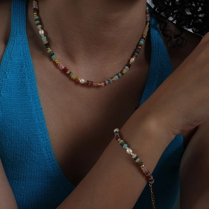Bohemian Natural Stone Freshwater Pearl Beaded Necklace And Bracelet Stainless Steel Jewelry Women Summer Holiday