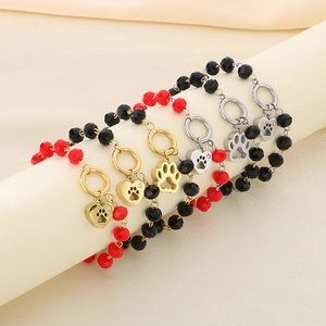 Beaded Bracelet Heart Paw Print Charm Crystal Glass Beads Hollow Animal Footprint Jewelry For Women Pet Lovers