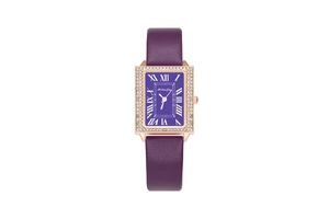 Detail of square purple dial watch with rose gold diamond bezel and Roman numerals