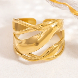Polished 18k gold plated stainless steel chunky ring with irregular hollow cross design