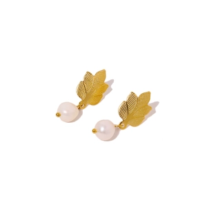 Elegant gold leaf earrings with natural freshwater pearls on a clean white background