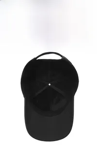 Close-up of the black baseball cap interior showing reinforced stitching and adjustable buckle