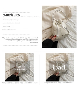 Detail showing handwoven bucket bag dimensions, PU material specs, and adjustable strap features