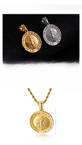 Detail of 25mm Virgin Mary stainless steel pendant with textured gold and steel finish