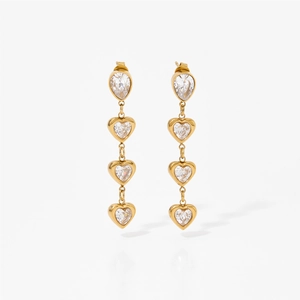 Golden heart-shaped tassel earrings with sparkling cubic zirconia drops for women