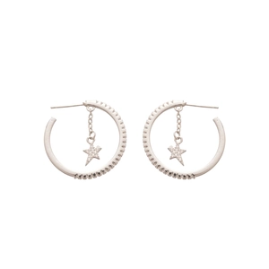 Silver needle C-shaped star hoop earrings with sparkling cubic zirconia and dangling star
