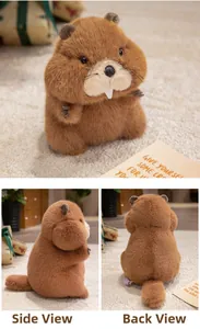 Close-up of soft brown marmot plush toy showing fluffy fur texture and flat tail details