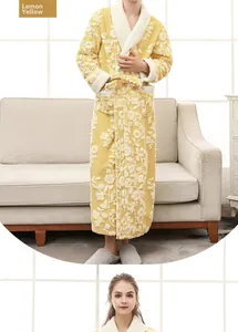 Detailed texture of lemon yellow embossed flannel robe with white plush lapel collar