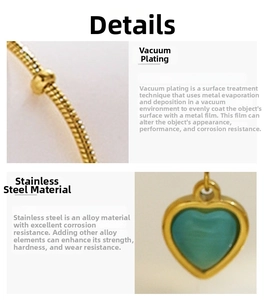 Detail of vacuum plated gold stainless steel chain with green stone heart pendant