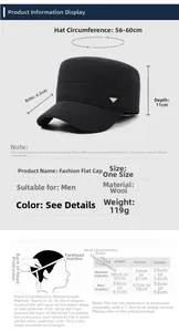 Size chart for men's winter flat top hat showing dimensions 56-60cm and brim 6.5cm