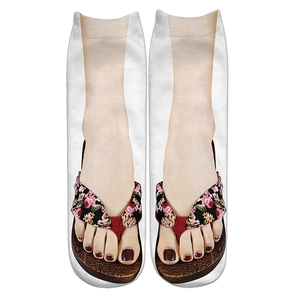 Flat lay of socks with 3D printed wooden flip-flops and floral straps design