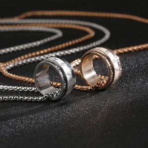 Spinning stainless steel ring necklace with engraved mantra on box chain, silver and rose gold