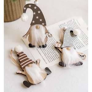 Nordic wooden Christmas gnome pendants with fuzzy beards and ropes for tree decoration