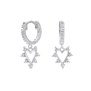 Macro shot of S925 sterling silver heart drop earrings featuring sparkling white zircon pave
