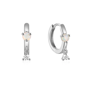 Detailed view of S925 silver hoop earrings with white opal stone and zircon drop charm