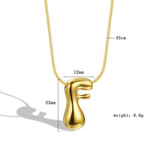 Detail of gold bubble letter F pendant with 45cm chain and measurement dimensions