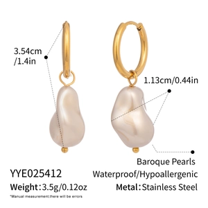 Baroque pearl earrings size and weight specifications showing waterproof steel features