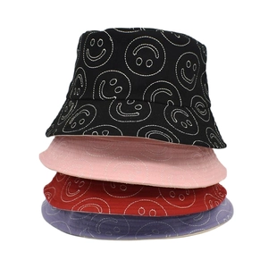 Cotton Bucket Hat With Embroidered Smiley Face Wide Brim Sun Protection Breathable Streetwear Casual Hat For Women