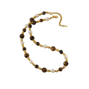 Collier de perles et oeil de tigre Maillard avec accents dorés et chaîne réglable vintage
