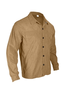 Detail view of khaki corduroy shirt collar showing Size L and 100% polyester fabric label