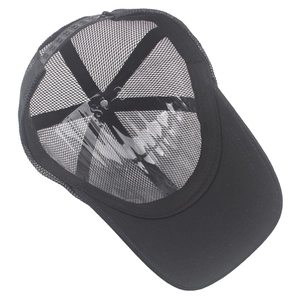Close-up of black mesh baseball cap with adjustable snapback and breathable material